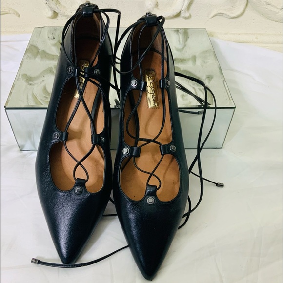 Halogen Owen Pointy Toe Black Leather Lace-Up Flat - Picture 4 of 10